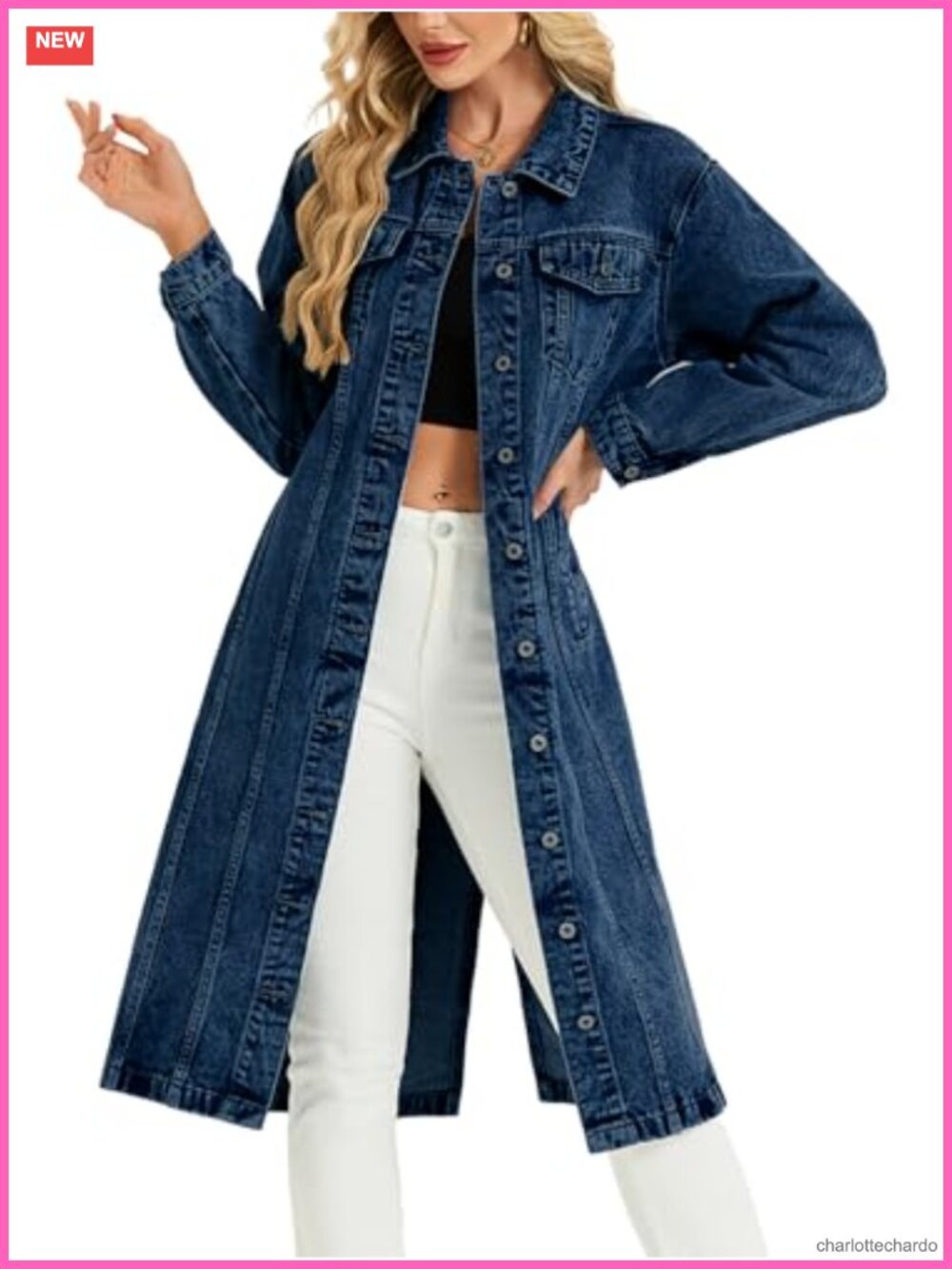 Denim Trench Coat Long Jacket Women Button Down